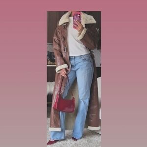 Brown Long Faux Leather Coat with Cream Trim